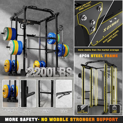 GXMMAT X6 Power Cage, 2200LB Multi-Function Power Rack with Independent Dual Aluminum Pulley System, Squat Rack for Home Gym Strength Training Equipment, Heavy-Duty Steel Construction