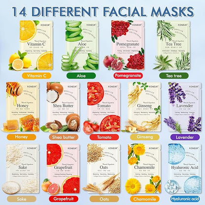 14 Pack Sheet Face Masks Skincare for All Skin Types, Hydrating Face Masks Suitable for Sensitive Skin, Bulk Facial Mask Set for Women Skin Care, Face Mask Gifts Set for Face Spa