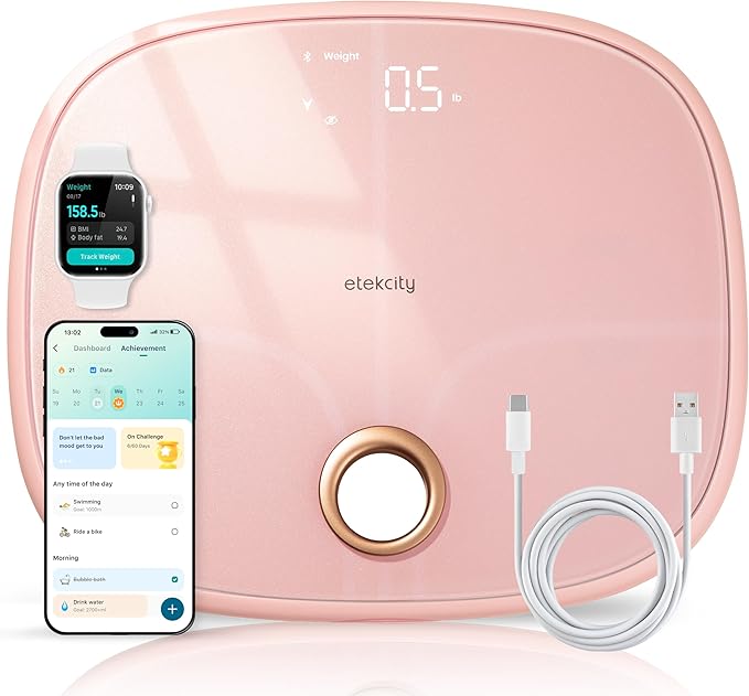 Etekcity Rechargeable Pink Smart Scale for Body Weight, BMI, Fat, Muscle Mass, Digital Bathroom Scale with 13 Metrics, Secret Mode, Bluetooth Connect to Free Apps, Cotton Candy Pink