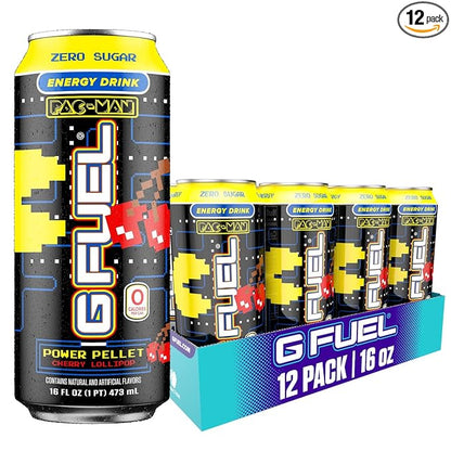 G Fuel Energy Drink, Cherry Lollipop, Sugar Free Beverage with 140mg Caffeine, Daily Energy Boost with Focus Amino, Vitamin + Antioxidants, 16 oz Cans (Pac-Man Power Pellet, 12-Pack)