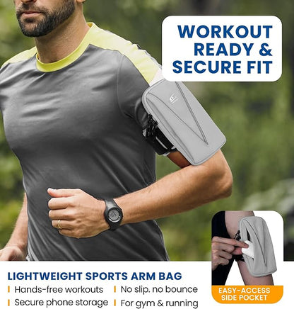 HiRui Cell Phone Holder Arm Bag & Wrist Bag for Phone, Sports Running Armband for Gym & Cycling, Compatible with iPhone 16/16Pro/Plus/15/14 Samsung Galaxy All Phones, Reflective & Adjustable (Gray)