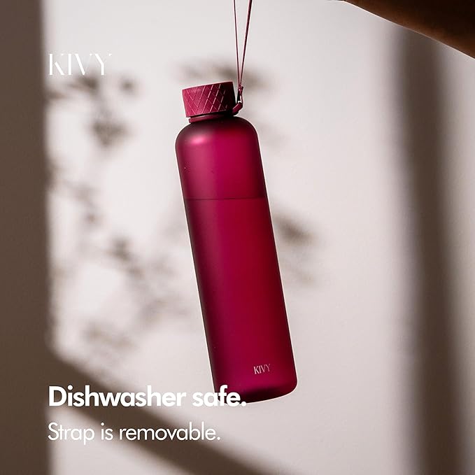 KIVY Slim Water Bottle 32oz [Lightweight & Shatterproof] Fits Backpack & Cupholder for Travel, Sports, School, Gym - Frosted red bottle no straw - Gym water bottle screw top - Dishwasher Safe