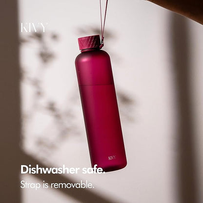 KIVY Slim Water Bottle 32oz [Lightweight & Shatterproof] Fits Backpack & Cupholder for Travel, Sports, School, Gym - Frosted red bottle no straw - Gym water bottle screw top - Dishwasher Safe