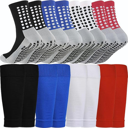 KMOLY 1 Set Soccer Grip Socks,Shin Guard Sleeves for Football Basketball for Men and Women Black/White One Size