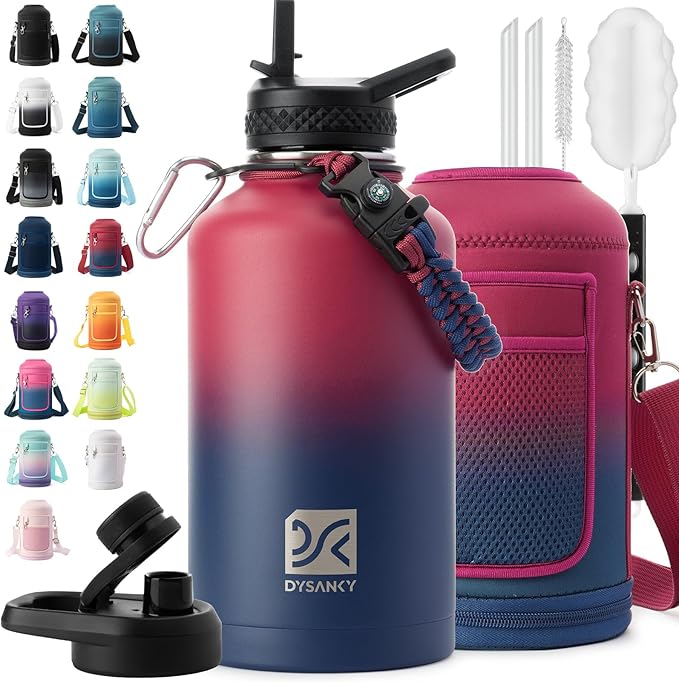Insulated Water Bottle | Thickened Stainless Steel Vacuum Metal | Portable Sports Half Gallon Large Water Jug for Gym and Hiking with Straw, Carrier Bag, Handle Strap | BPA-Free 64 oz
