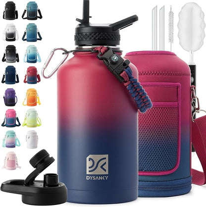 Insulated Water Bottle | Thickened Stainless Steel Vacuum Metal | Portable Sports Half Gallon Large Water Jug for Gym and Hiking with Straw, Carrier Bag, Handle Strap | BPA-Free 64 oz