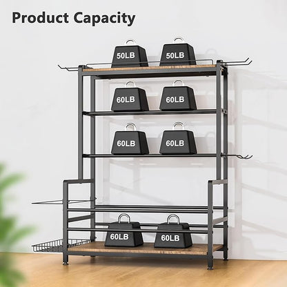 Gym Home Equipment Weight Rack – 3‑Tier Workout Storage Stand for Dumbbells & Kettlebells, Medicine Ball Holder, 460 lb Steel Organizer with Yoga Mat Basket, Hooks, Adjustable Feet, 24 x 16 in