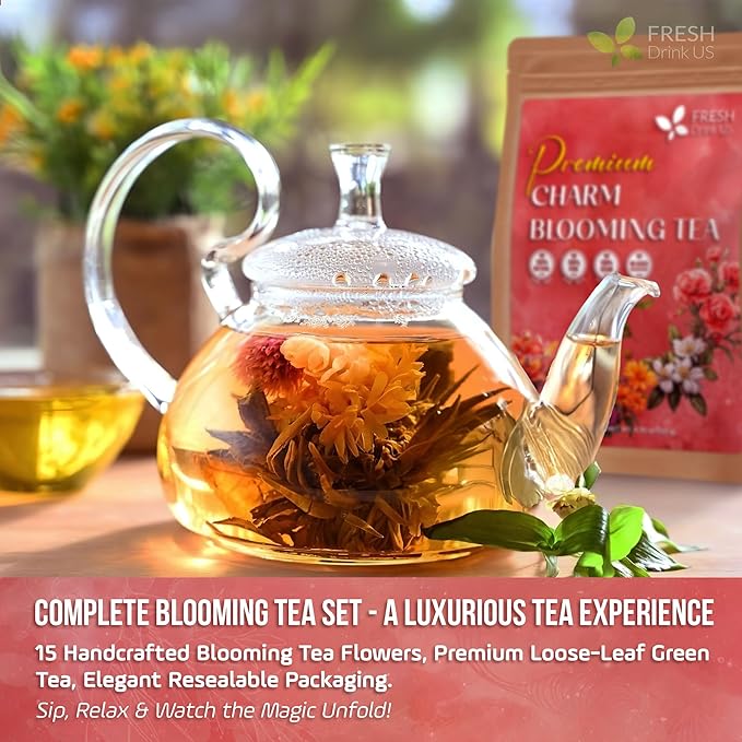 FreshDrinkUS, Premium 15 Flowering Tea Balls – Green Tea, Lily, Jasmine, Rose, Gomphrena & More – Beautiful Hand-Tied Blooming Teas for Relaxation & Wellness – Caffeine-Free. Ideal Gift for Tea Lovers