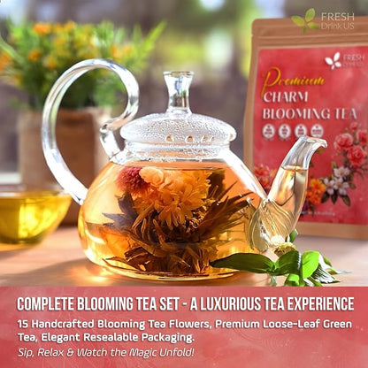 FreshDrinkUS, Premium 15 Flowering Tea Balls – Green Tea, Lily, Jasmine, Rose, Gomphrena & More – Beautiful Hand-Tied Blooming Teas for Relaxation & Wellness – Caffeine-Free. Ideal Gift for Tea Lovers