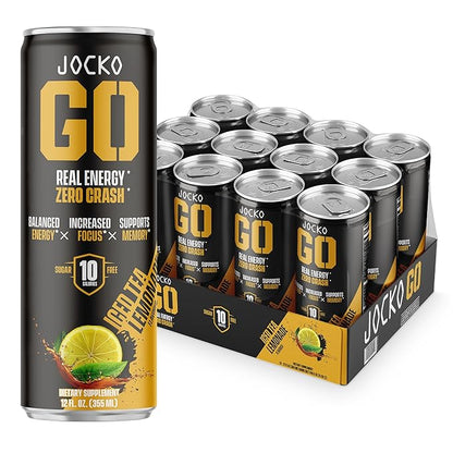 Jocko GO Energy Drink - Keto, Vitamin B12, Vitamin B6, Electrolytes, L Theanine, Magnesium- Energy Boost, Sugar Free Nootropic Monk Fruit Blend - 12 Pack (Iced Tea - Lemonade)
