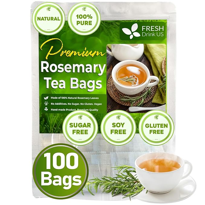 FreshDrinkUS, Premium 100 Rosemary Leaf Tea Bags, Made with 100% Natural Rosemary Dried Leaves, Pure Rosemary Herbal Tea, No Additives, No Caffeine, No Gluten, Vegan.
