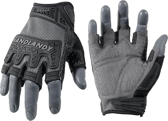 HANDLANDY Fingerless Work Gloves for Men, Padded Half Finger Tactical Mechanics Gloves, Utility Trucker Driver Gloves (Grey, Medium (Pack of 1))