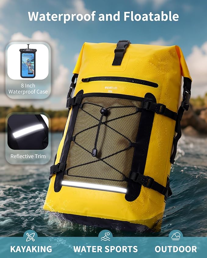 ECOHUB Waterproof Backpack for Women Men, 30L Roll-Top Closure Heavy Duty Dry Bag for Travel with IPX8 Waterproof Phone Case