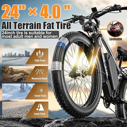 Ebike for Adults Electric, 52V 19.2Ah/32Ah, Peak 2000W/2500W E-Bike, 36/40MPH, 70 Miles/100Miles Long Range, Hydraulic Disc Brake, Off Road Snow Mountain E-Bike, 24"/26" Fat Tire Fast Electric Bicycle