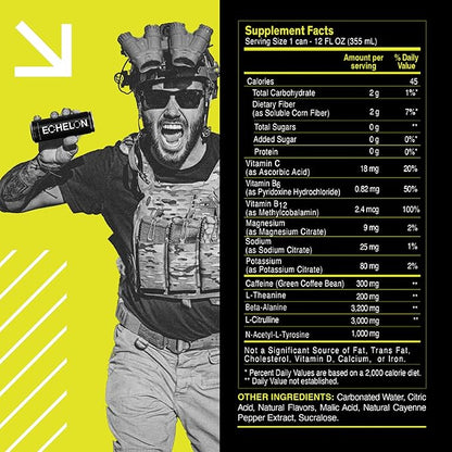 Echelon Pre-Workout Energy Drink | Yuzu Cayenne | 12 Pack | Sustained Energy, Focus and Endurance Dietary Supplement | 300mg of Caffeine | Beta-Alanine, L-Theanine & Fiber | Vegan