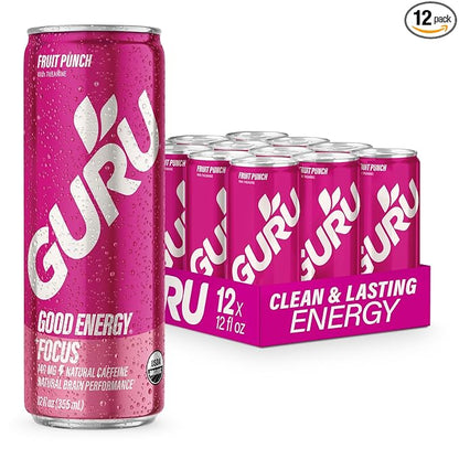 GURU Fruit Punch Organic Energy Drinks, Clean Energy Drink with Plant Based Natural Caffeine from Green Tea + Focus with L Theanine, Gluten Free and Vegan, 140MG Caffeine, 12oz (Pack of 12)