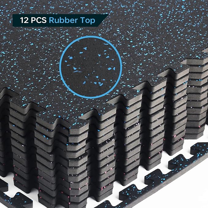 0.56 Inch Thick Gym Flooring for Home Gym 48 Sq 12 Pcs 24 x 24in Tile,