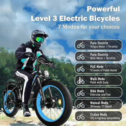 Electric Dirt Bike, 5000W Peak Dual Motor EBike for Adults, 60V 25AH Battery Electric Bike with 40-50MPH Mountain AWD 21-Speed Snow, 26" x 4.0 Fat Tire, Long Range Off-Road