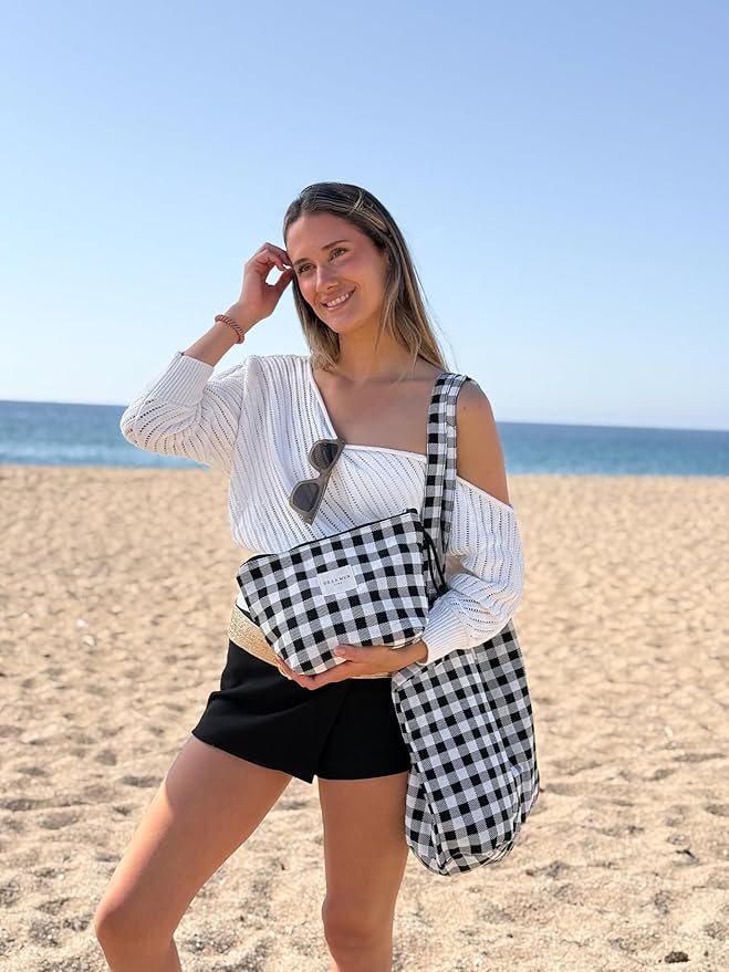 Large Checkered Travel Makeup Bag for Women – Black & White Cosmetic Organizer for Toiletries, Skincare & Beauty – Durable Travel Size Toiletry Pouch – Made in Barcelona, Spain
