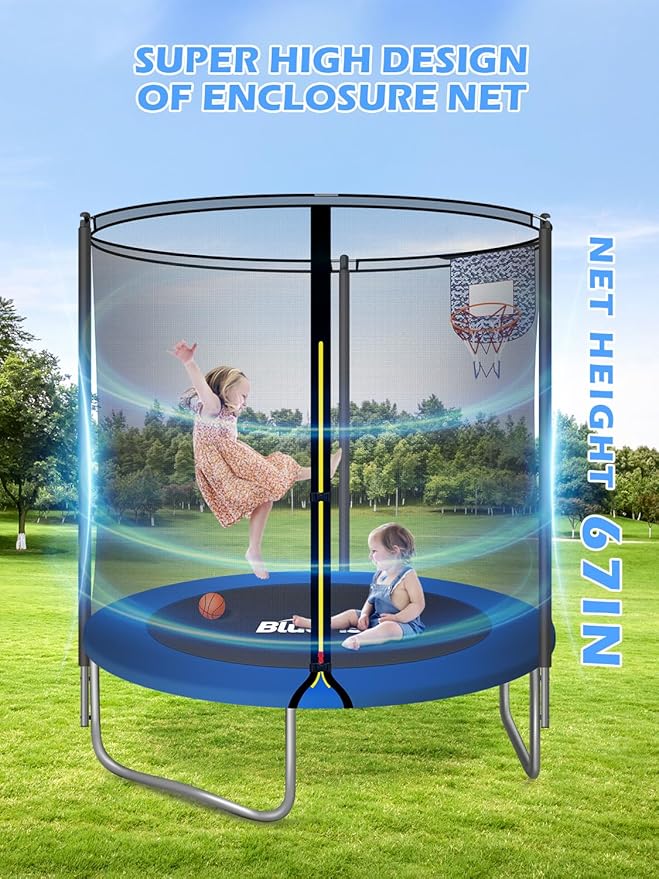BLUERISE Trampoline 55IN 6FT Toddler Trampoline for Kids Indoor Outdoor Play for Kids Trampoline Basketball Hoop Attachment with Enclosure Net Easy to Assemble Outdoor Indoor Trampoline