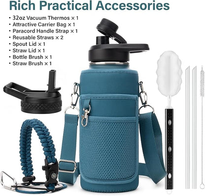 Insulated Water Bottle | Thickened Stainless Steel Vacuum Metal | Portable Sports Water Jug for Gym and Hiking with Straw, Carrier Bag, Handle Strap | BPA-Free 32 oz