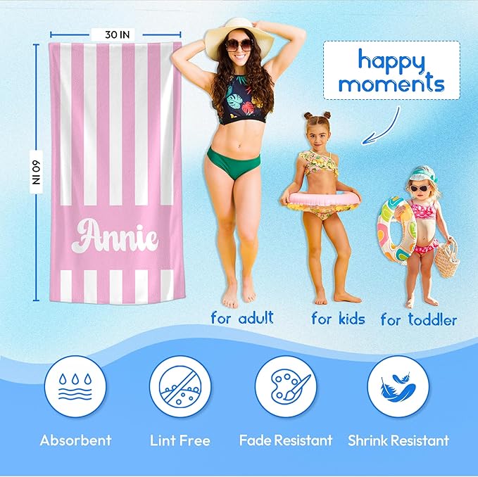 JML Personalized Beach Towel with Name, Custom Cabana Stripe Beach Towel, Customized Microfiber Pool Towel, Quick Dry & Absorbent Swim Towel for Adult,Mother's Day, Birthday, Summer Holiday,Vacation