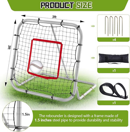 3' x 3'/1.67' x 1.67' Pro Portable Baseball and Softball Rebounder Adjustable Heavy Duty Pitch-Back Net with Bag Strap Fielding Trainer Net 3 Angles Ground Balls Line Drives Pop Flies