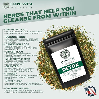 Elephantal Wellness Premium Detox Herbal Tea | Daily Liver, Kidney, Blood & Digestive Support with Turmeric, Nettle Tea, Milk Thistle, Dandelion Tea & Burdock | Handmade, Caffeine-Free Loose Leaf Blend