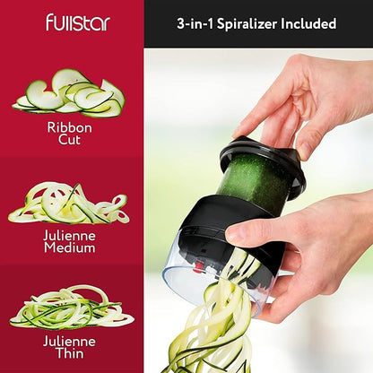 Fullstar All-in-1 Vegetable Chopper and Mandoline Slicer for Kitchen - Cheese Grater, French Fry Cutter, Cheese Slicer - Bonus Handheld Spiralizer Included (6 in 1, Black)