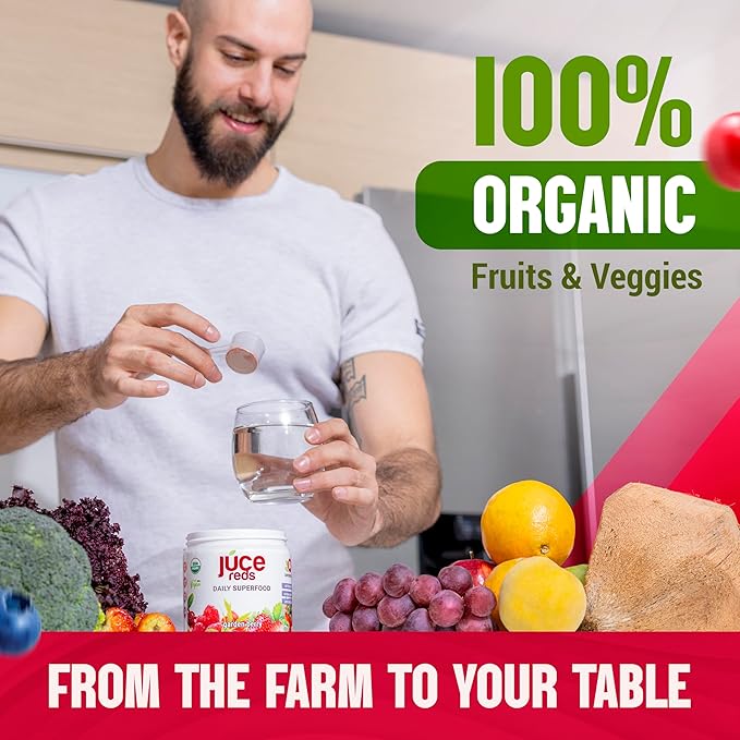 JUCE Reds Organic Superfood Powder - Garden Berry Flavor | Fruit & Veggie Powder for Everyone w/64 Immune Boosting Superfood Plus Probiotics for Gut Health | 20 Servings (230g)