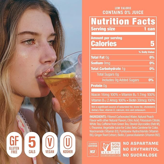 GORGIE Sugar Free Natural Energy Drinks, Peach (12 Pack) - Healthy Energy Drinks - Natural Coffee Replacement with Green Tea Caffeine and Biotin - 150mg Caffeine, Vegan, & Low Calorie