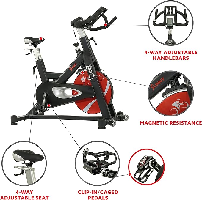 Sunny Health & Fitness Indoor Cycling Exercise Bike w/Pulse Sensors & 4-Way Adjustable Seat, Stationary Home Cardio Training Machine w/Micro-Adjustable Magnetic Resistance for Intensive Cardio Session