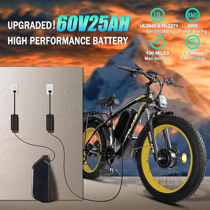 Electric Dirt Bike, 5000W Peak Dual Motor EBike for Adults, 60V 25AH Battery Electric Bike with 40-50MPH Mountain AWD 21-Speed Snow, 26" x 4.0 Fat Tire, Long Range Off-Road