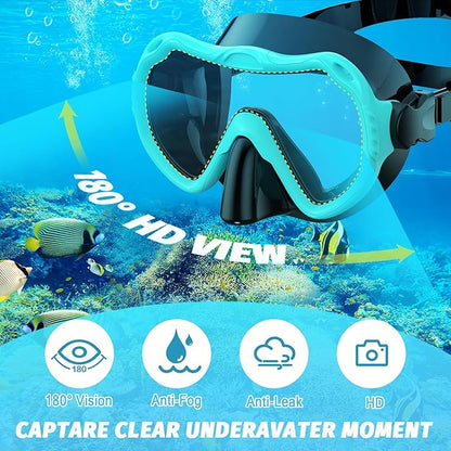 Full Face Snorkel Mask, Snorkeling Gear for Adults Men and Women, 180 Degrees Panoramic View Snorkel Set Anti-Fog Anti-Leak, Dry Top System and Travel Bag for Swimming, Snorkeling