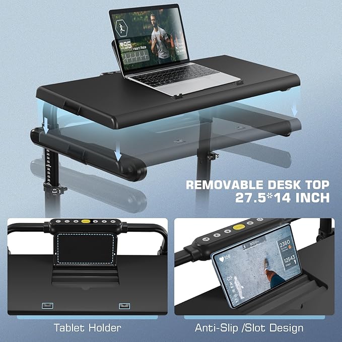 Walking Pad Treadmill with Desk Workstation,3.0 HP Foldable Treadmills with 12% Incline & Handle Bar,300lbs Capacity,2s Folding,Ultra-Quiet,Small/Compact Under Desk Treadmills for Home Ofiice