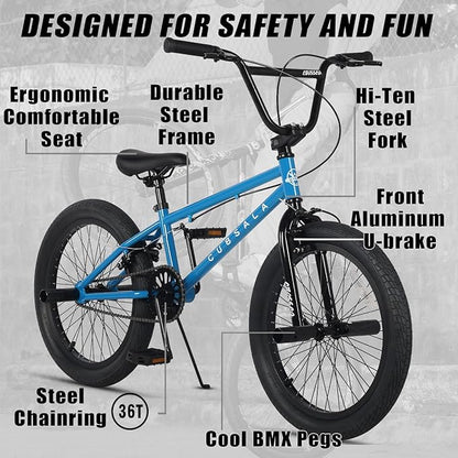 Freestyle BMX Bike, 18 20 Inch Kids Bicycle for 5-13 Years Old Kids and Beginner Level Rider, Multiple Colors