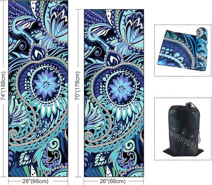 QiyI Yoga Mat Towel with Corner Pockets, Non Slip Sweat Absorbent Hot Yoga Towels, Soft Yoga Blankets with Travel Bag, Skidless Mat Cover for Workout, Gym, Fitness - 70"x26", Vintage Paisley