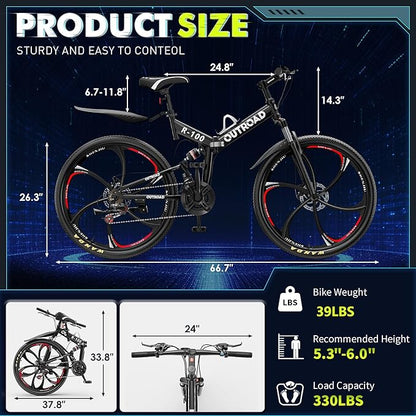 26 Inch Folding Mountain Bike, 21 Speed Full Suspension Bicycle with High-Carbon Steel, Dual Disc Brake Non-Slip Quick Release tire Folding Bicycle for Adults/Men/Women