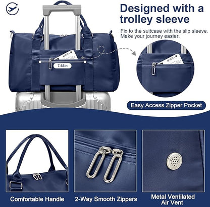 FIORETTO Womens Gym Tote Duffle Bag with Toiletry Bag, Sports Duffel Overnight Hospital Workout Carry on Bag for Girls with Wet Pocket & Shoe Compartment, Ideal for Travel, Swimming, Dance Navy Blue