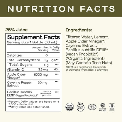 Greenhouse Juice Organic Inside Job Wellness Shots, Cold Pressed Digestive Aid with Apple Cider Vinegar, Lemon, Shots Juice Vegan & Gluten-Free (2 Oz, Pack of 12)