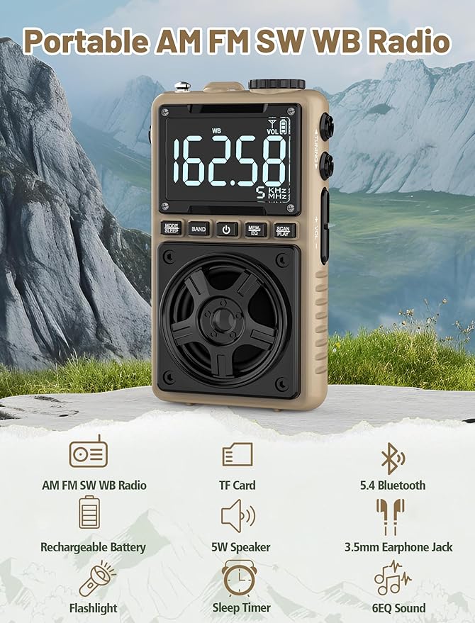 Bluetooth AM FM Shortwave Radio with NOAA Weather Alert,1250mAh Rechargeable Portable Pocket Radio with Best Reception,5W Big Speaker, Digital Tuner and Earphone,Support SD Card and USB Player（Brown）