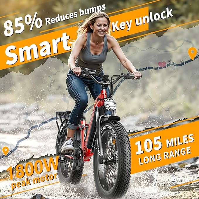 FREESKY Electric Bike for Adults,105mile Long Range Ebike, 2000W Motor 37MPH Fast Step-Thru E Bike 25Ah Samsung Cells Battery Full Suspension Electric Dirt Bicycle 26'' Fat Tire for Commuter Mountains