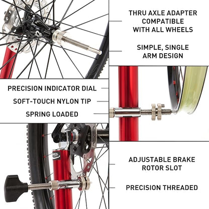 FEEDBACK SPORTS | Pro Truing Stand with Thru Axle Adapter | Compact and Portable Lightweight Aluminum | Integrates With Repair Stand | Precision Spring-Loaded Tip Verifies Lateral True
