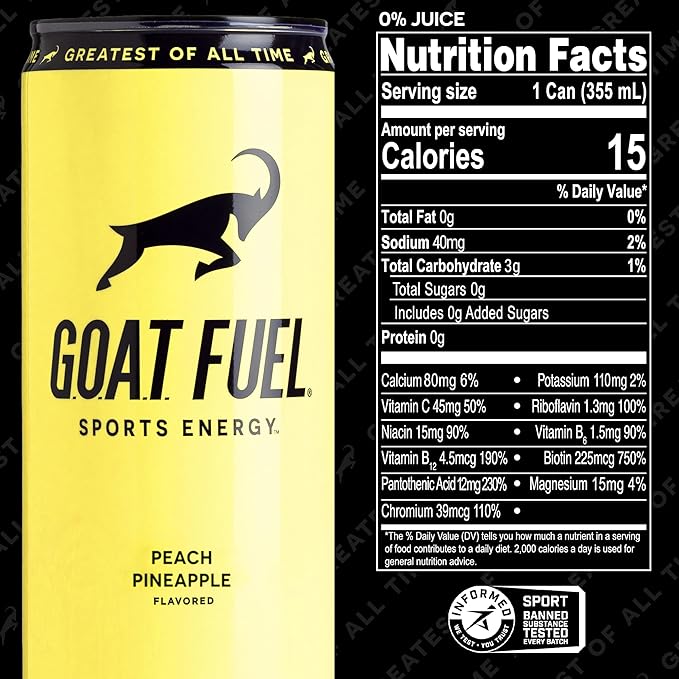 G.O.A.T. Fuel Energy Drink, Co-Founded by Jerry Rice, Natural Caffeine, Electrolytes, BCAAs, Cordyceps Mushrooms & Antioxidants, Light Carbonation Pre Workout, 12 Pack, 12 FL Oz, Peach Pineapple