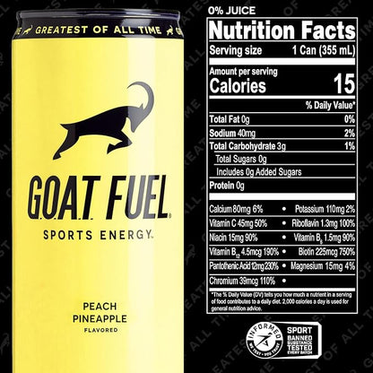 G.O.A.T. Fuel Energy Drink, Co-Founded by Jerry Rice, Natural Caffeine, Electrolytes, BCAAs, Cordyceps Mushrooms & Antioxidants, Light Carbonation Pre Workout, 12 Pack, 12 FL Oz, Peach Pineapple