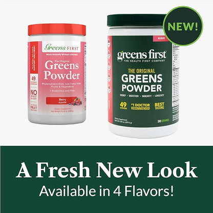 Greens First Original Greens Powder - 49 Superfoods - Organic Fruits & Veggies - Prebiotics, Probiotics & Digestive Enzymes - Antioxidant Smoothie - Dairy Free, Vegan & Non-GMO (Berry, 30 Servings)
