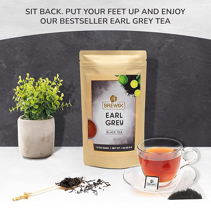 BREWIX, Earl Grey Tea Bags (22 Pyramid Tea Bags) Long Leaf Indian Black Tea with Bergamot, Packed in Resealable Ziplock Pouch | Black Tea with Bergamot