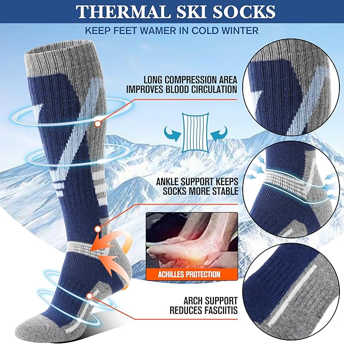 3 Pairs Merino Wool Ski Socks Thermal Warm Winter Thick Knee High Snowboarding Skiing Socks for Women Men