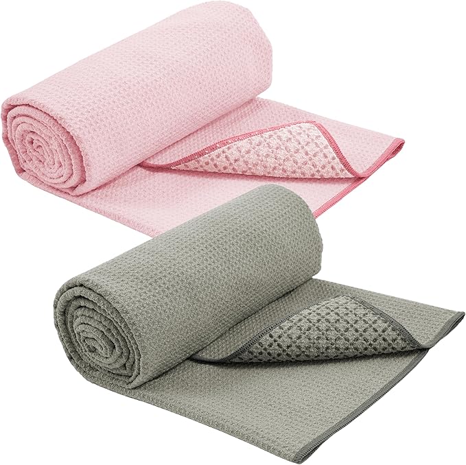 S&T INC. Yoga Mat Towel with Non-Slip Grip, Enhanced Silicone Grip, Soft and Absorbent for Gym, Pilates, and Hot Yoga Mat, 2 Pack, 24 inches x 72 inches, 340GSM, Pink and Grey