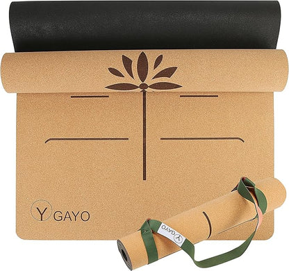 Premium Yoga Cork Mat | 5mm Thick Natural Tree Rubber Base and Bigger Mat for Extra Support, Alignment lines for Guidance | Non-Slip, Natural & Eco-friendly, Your Ultimate Eco-Friendly Yoga Companion